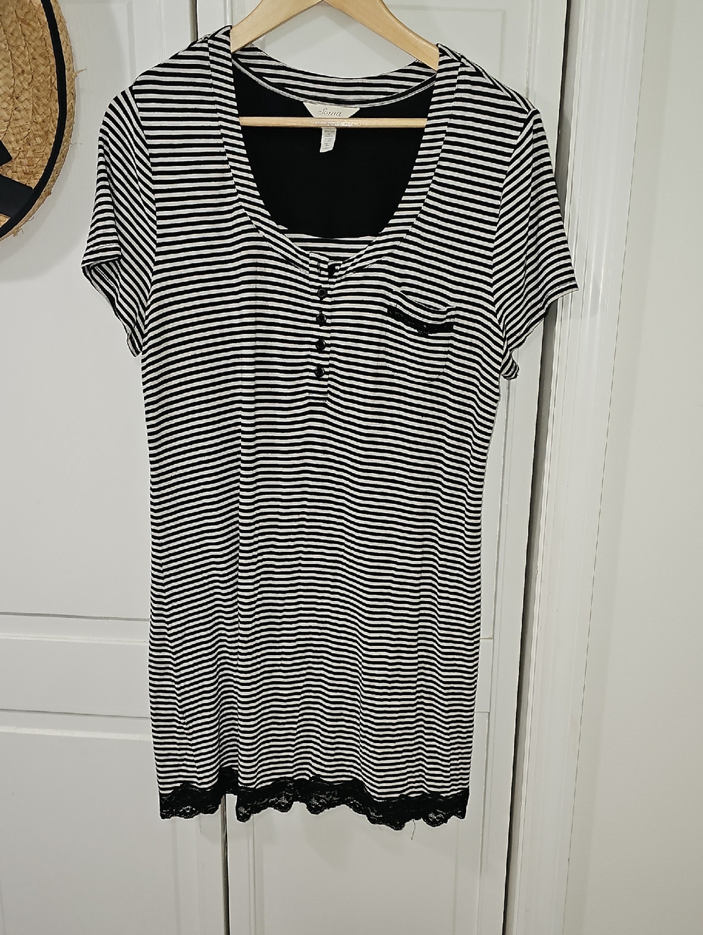 Soma Black & White Striped Short Sleeve Chemise with Lace Hem